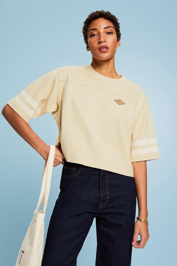 Cropped rugby-shirt met logo in collegestijl, LIGHT BEIGE, detail image number 5