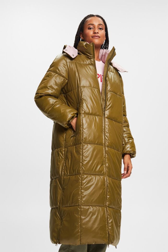 Gevoerde jas in gewatteerde look met capuchon, DARK KHAKI, detail image number 0