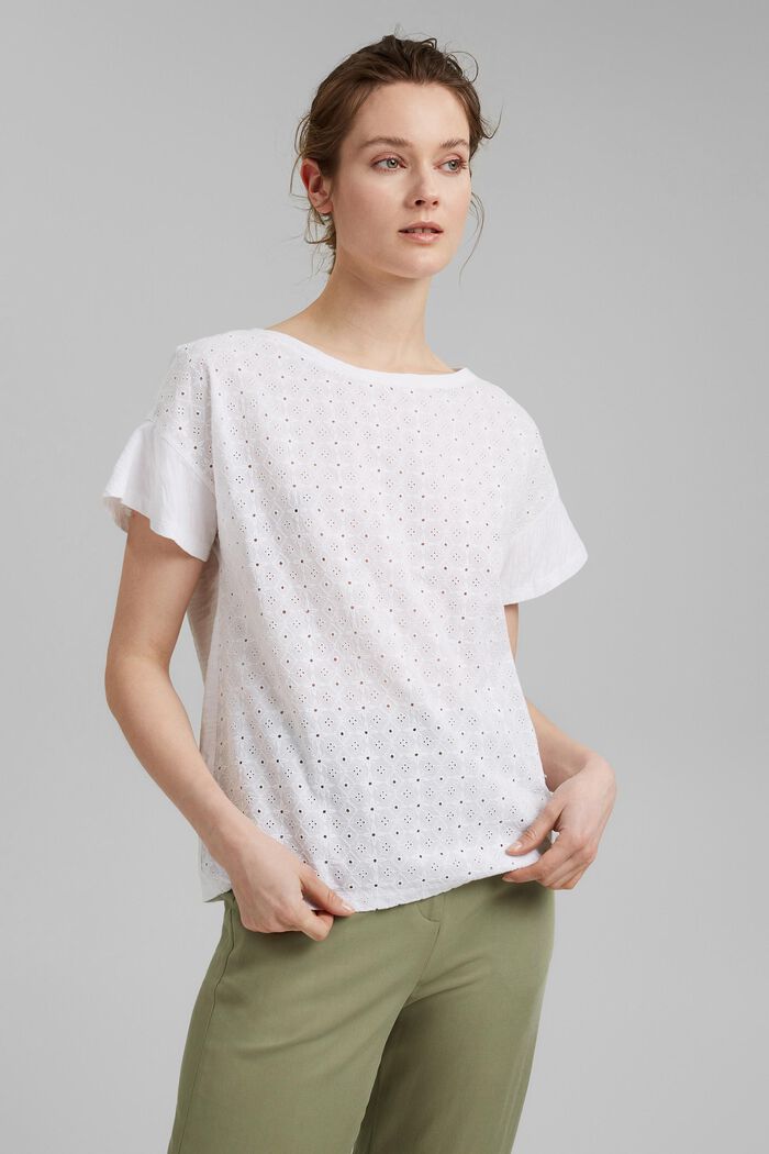 T-shirt orné de broderie anglaise, coton biologique, WHITE, detail image number 0