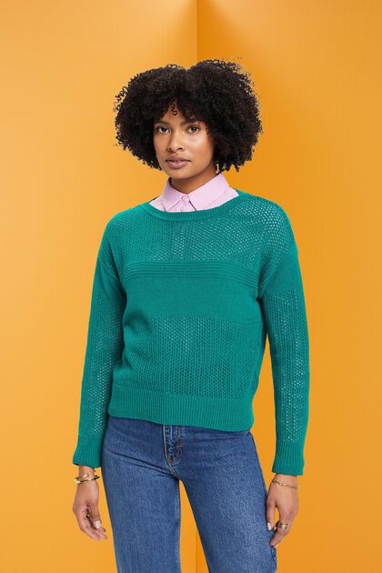Pull-over en maille pointelle de coton, EMERALD GREEN, overview