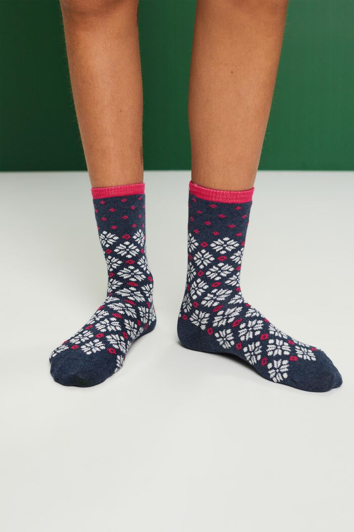 Set van 3 paar grofgebreide sokken, Noors patroon, NAVY/LIGHT BLUE, detail image number 1