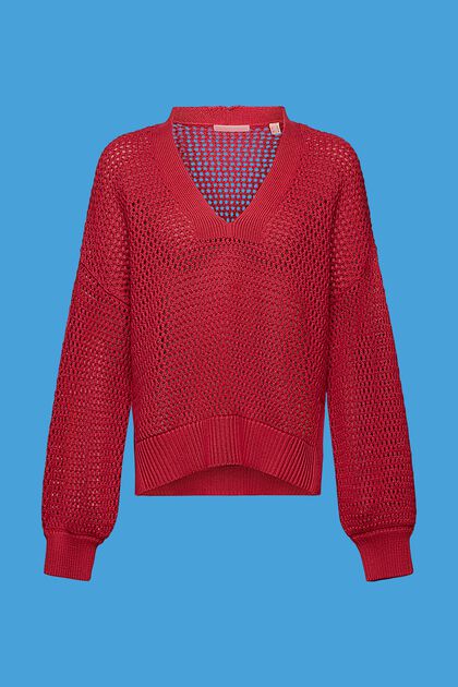 Haut à encolure en V en maille mesh de coton durable, DARK RED, overview