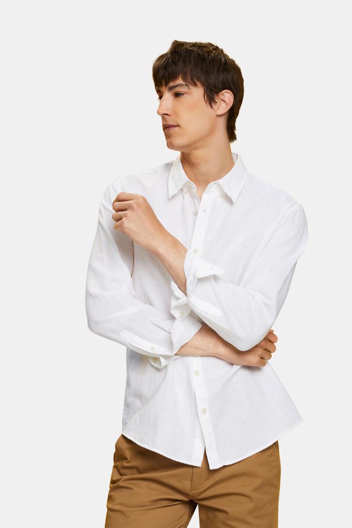 Chemise à col boutonné en mélange de coton et lin, WHITE, detail image number 4
