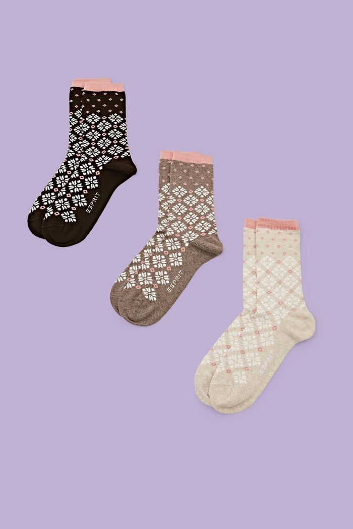 Set van 3 paar grofgebreide sokken, Noors patroon, BROWN/BEIGE, detail image number 0