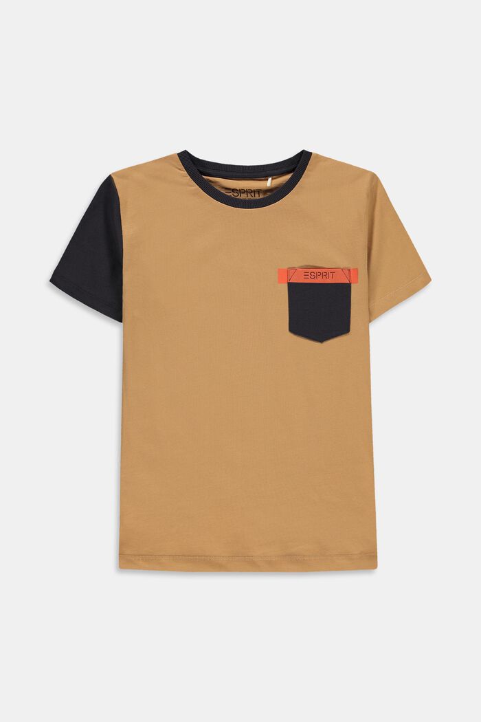T-shirt à rayures colour blocking et poche, CARAMEL, overview