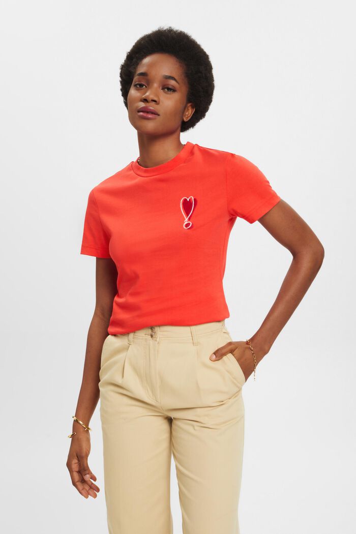 T-shirt en coton à motif cœur brodé, ORANGE RED, detail image number 0