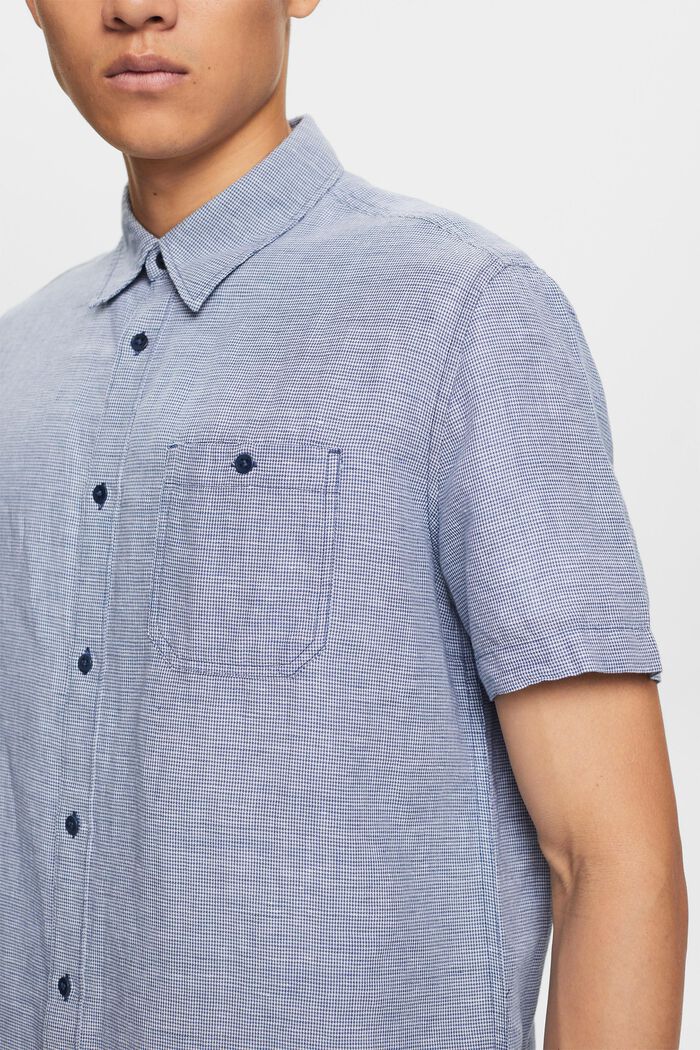 T-shirt à manches courtes en lin mélangé animé d’un motif pied-de-poule, BLUE, detail image number 2