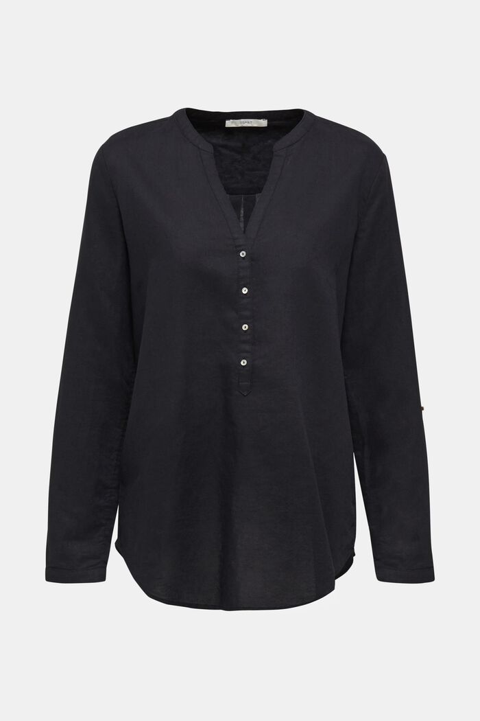 Van een linnenmix: henley blouse, BLACK, overview