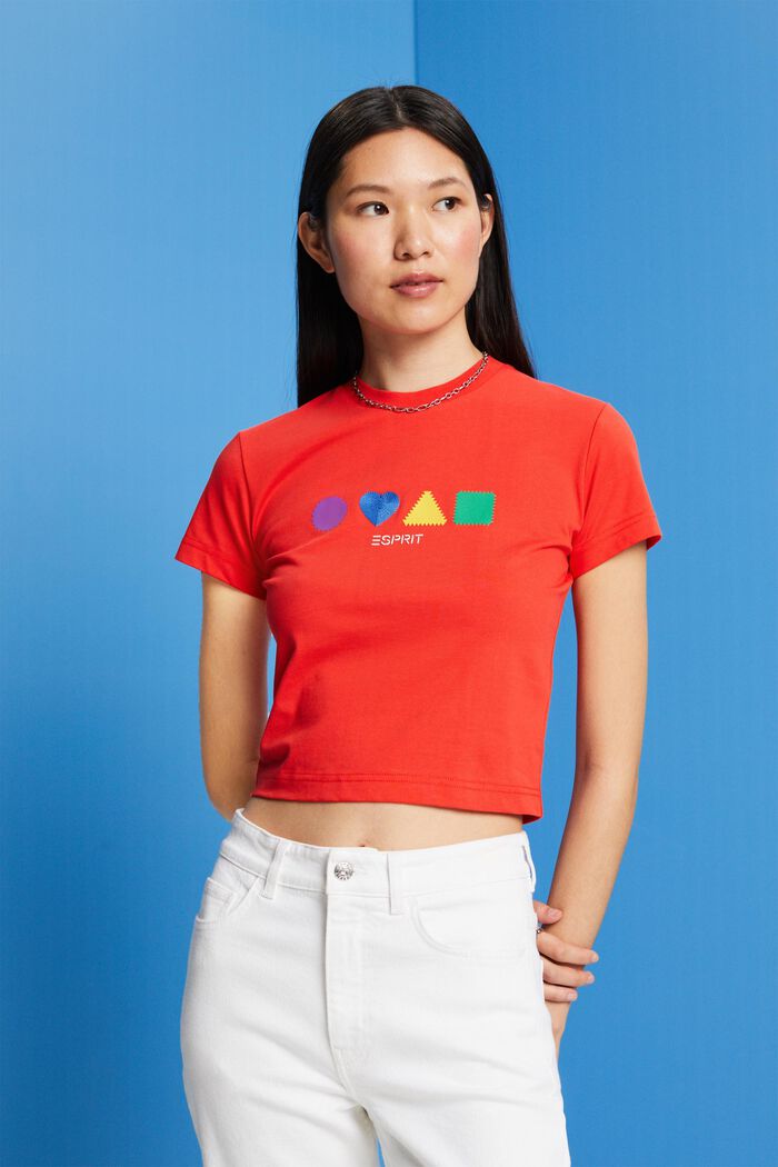 T-shirt van organic cotton met geometrische print, ORANGE RED, detail image number 0