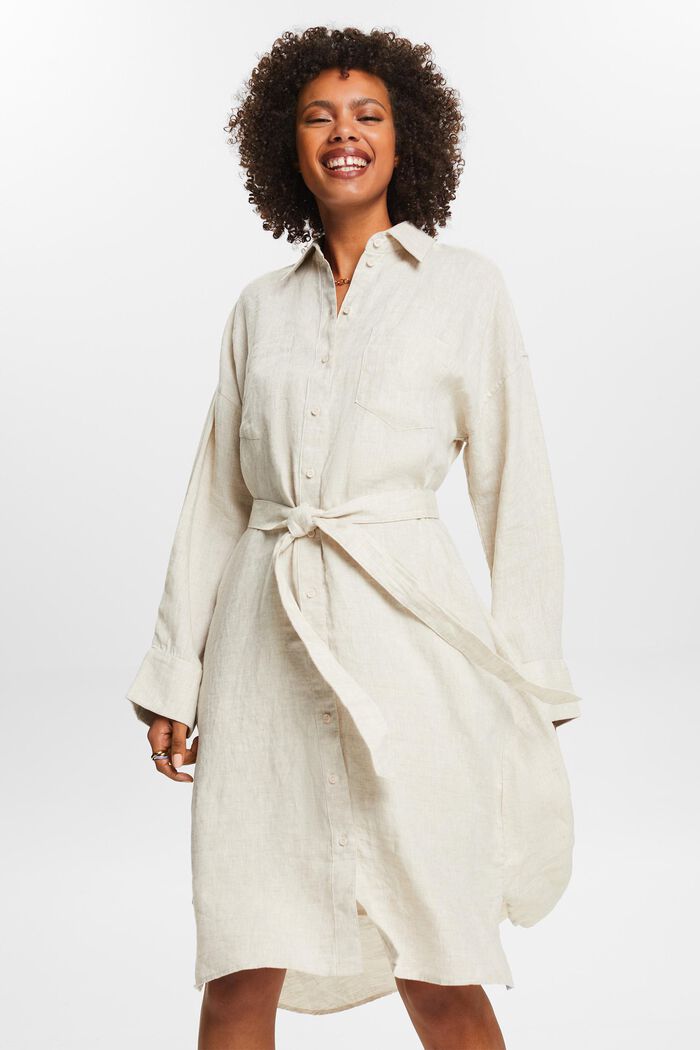 Robe-chemise longueur midi ceinturée en lin, BEIGE, detail image number 0