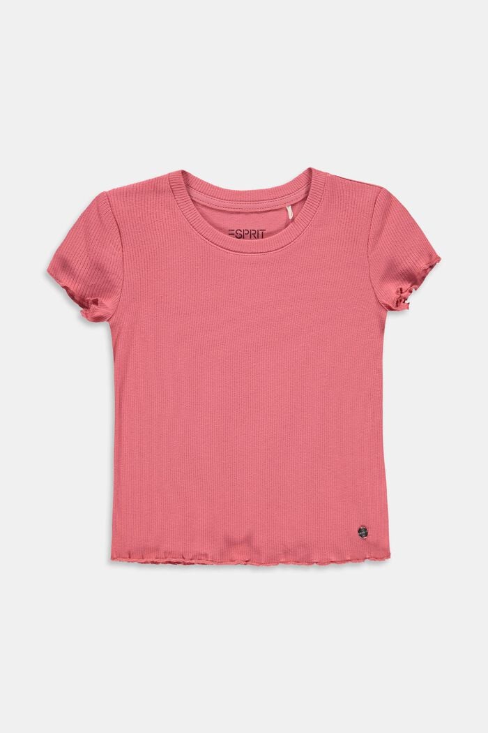 T-shirt côtelé orné de finitions à ruchés, 100 % coton, CORAL, overview