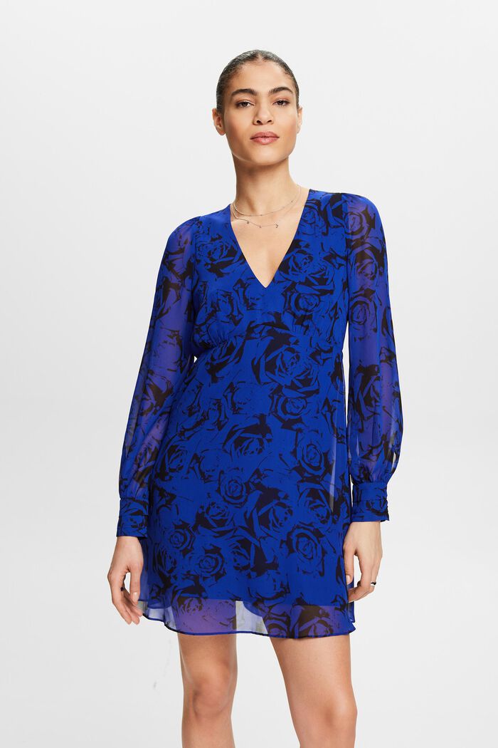 Mini-jurk met V-hals en print, BRIGHT BLUE, detail image number 0