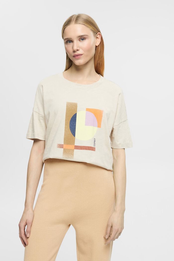 T-shirt en coton à imprimé géométrique, LIGHT TAUPE, detail image number 0