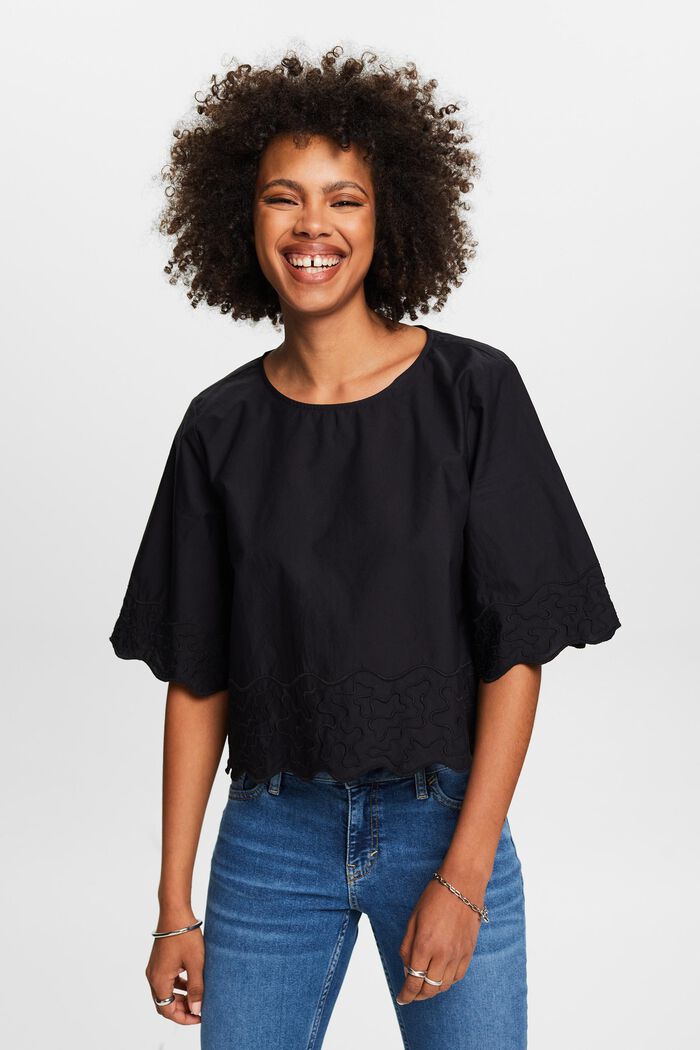 Bestikte blouse met klokmouwen, BLACK, detail image number 0