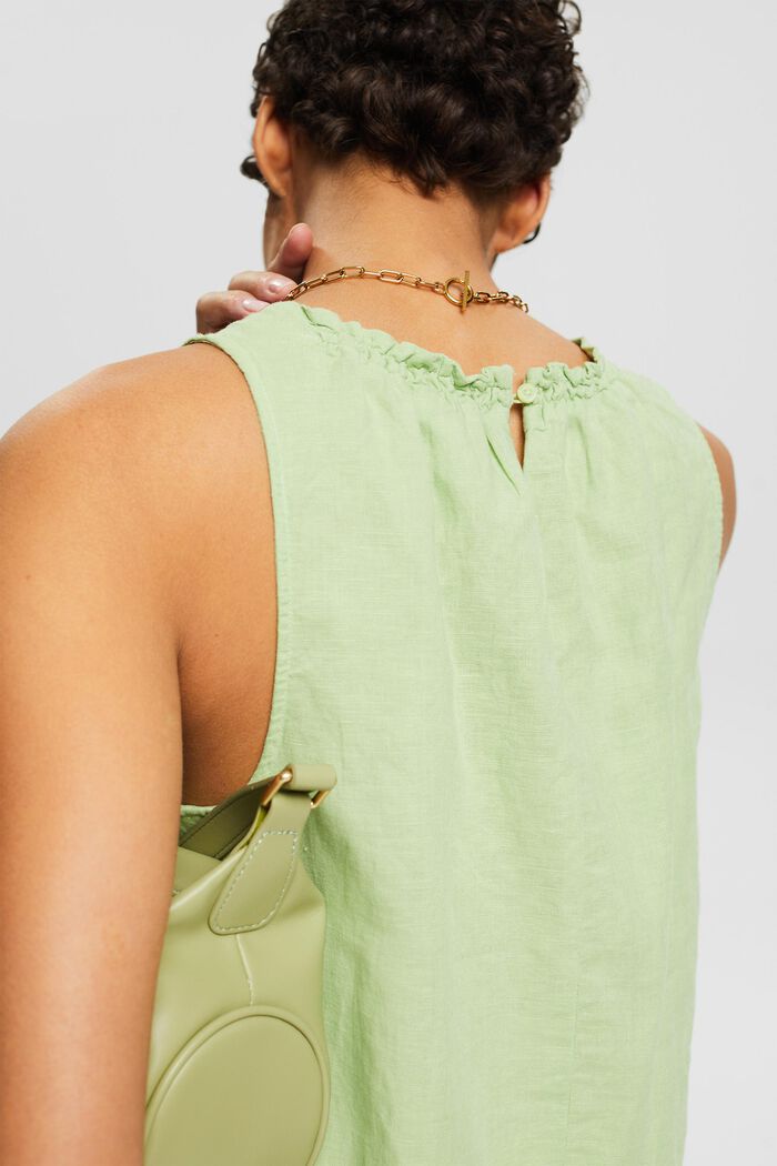 Mouwloze gesmokte blouse van linnen-katoen, LIGHT GREEN, detail image number 4