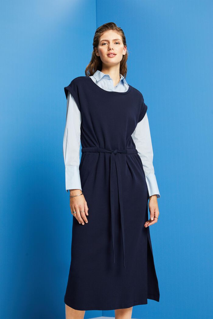 Jersey midi-jurk met strikceintuur, NAVY, detail image number 0