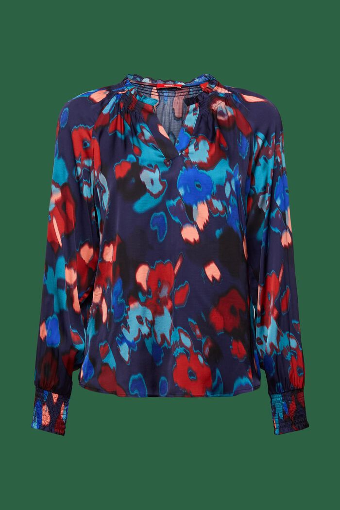 Gesmokte satijnen blouse met V-hals en print, DARK BLUE, detail image number 6