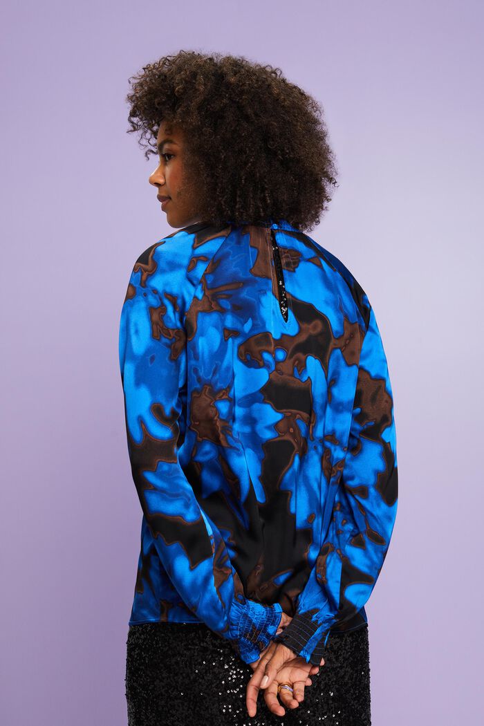 Gesmokte satijnen blouse met print, BRIGHT BLUE, detail image number 2