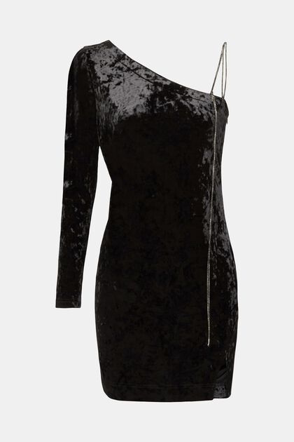 Fluwelen jurk met één schouder en kettingbandje, BLACK, overview