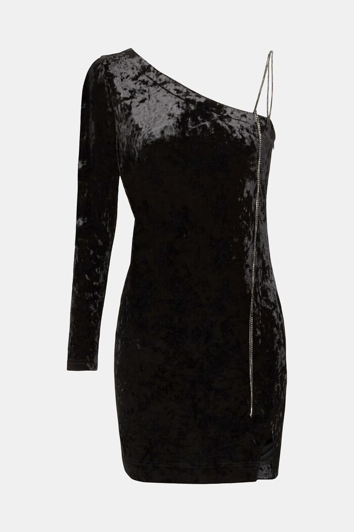 Fluwelen jurk met één schouder en kettingbandje, BLACK, detail image number 7