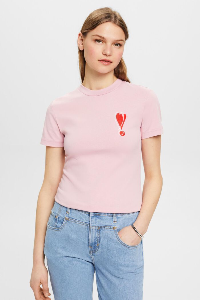 T-shirt en coton à motif cœur brodé, PINK, detail image number 0