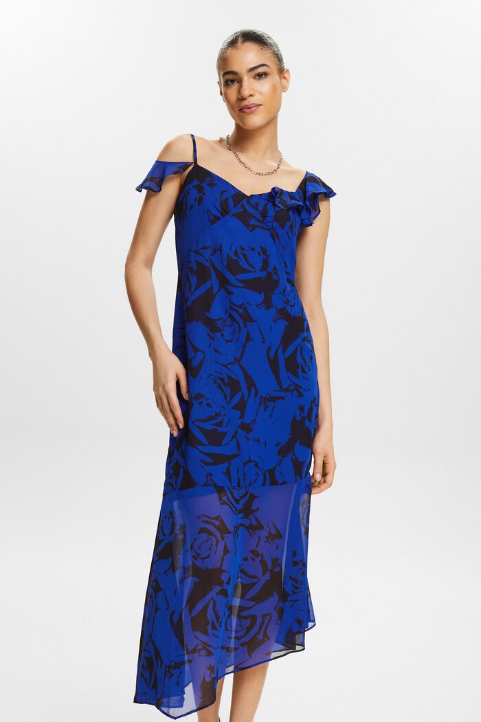 Off-the-shoulder chiffon midi-jurk met print, BRIGHT BLUE, detail image number 0
