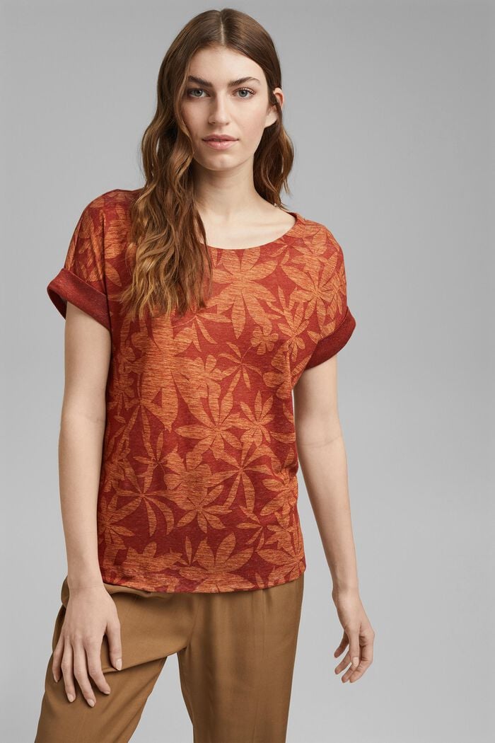 En 100 % lin : le t-shirt à imprimé à feuilles, TERRACOTTA, detail image number 0