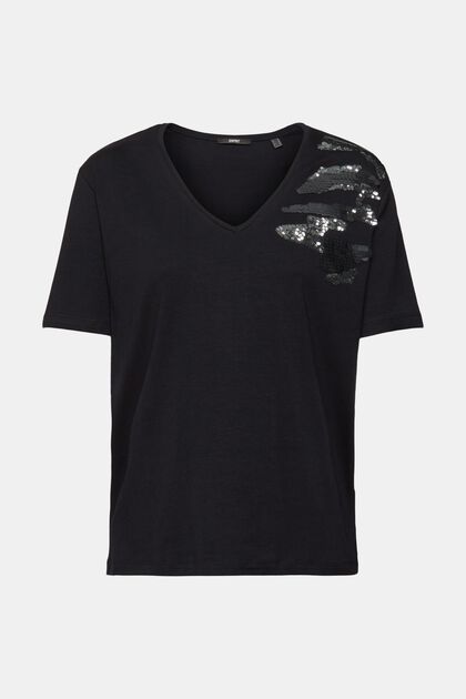 T-shirt met V-hals en pailletjes, BLACK, overview