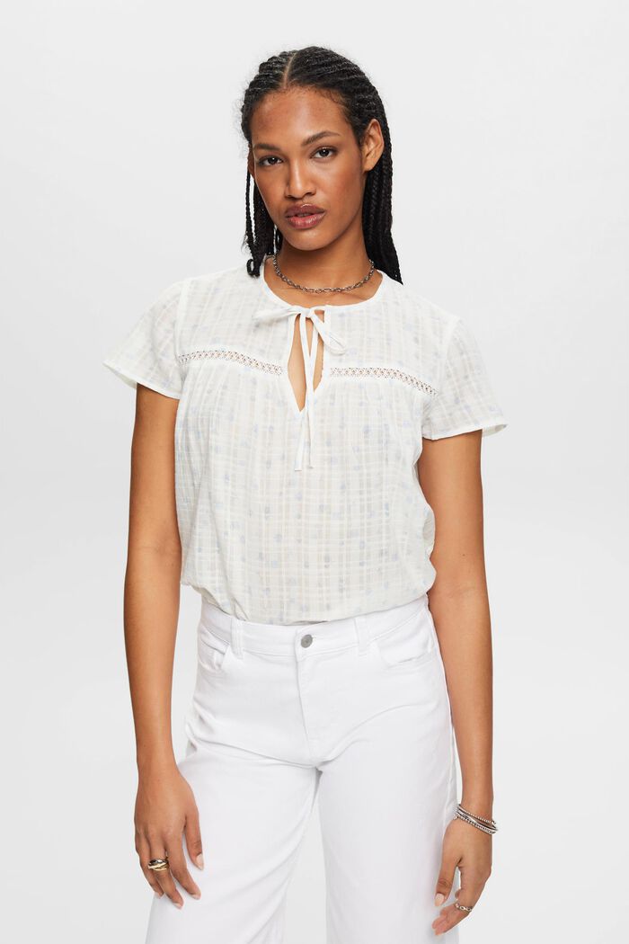 Katoenen blouse met korte mouwen en motief all-over, OFF WHITE, detail image number 0
