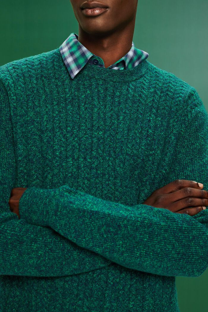 Gemêleerde trui met kabelpatroon en ronde hals, GREEN, detail image number 2