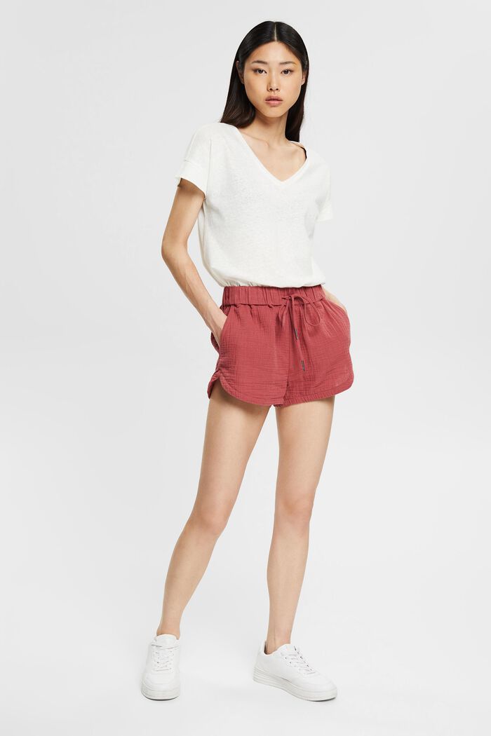 Stoffen shorts met crinkle effect, TERRACOTTA, overview
