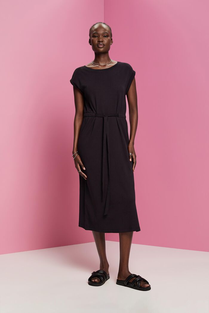 Jersey midi-jurk met strikceintuur, BLACK, detail image number 0