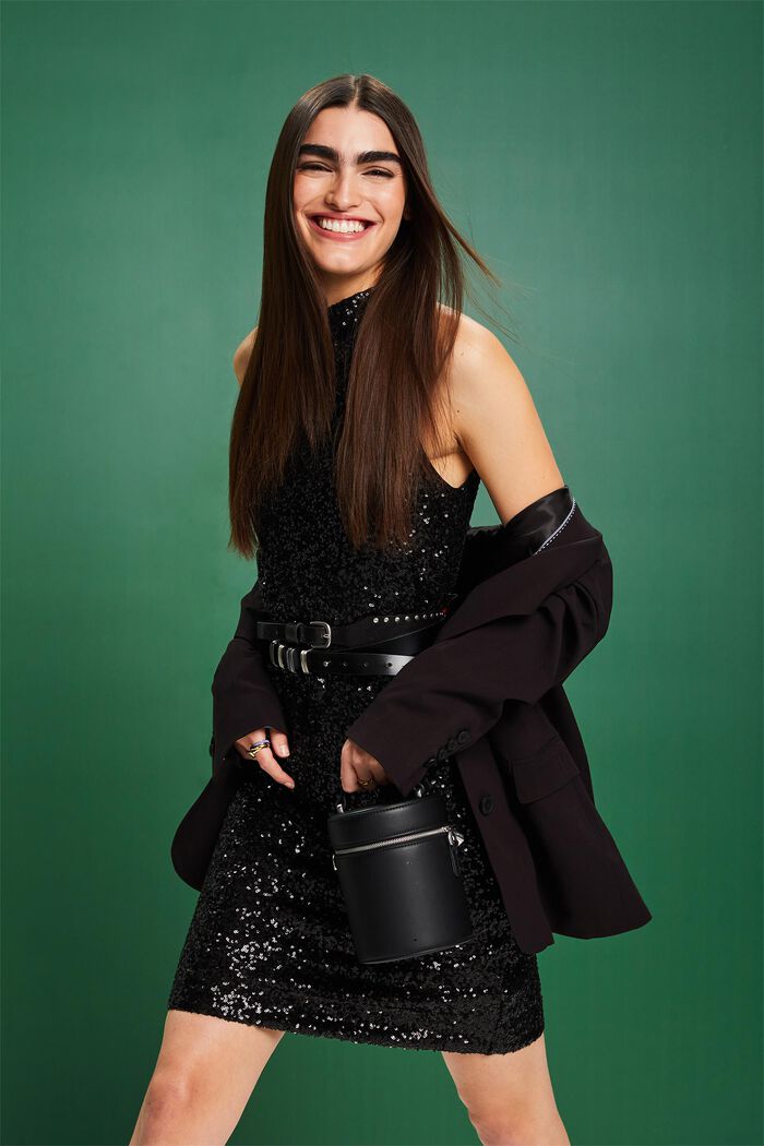 Mouwloze neckholder midi-jurk met pailletjes, BLACK, detail image number 0