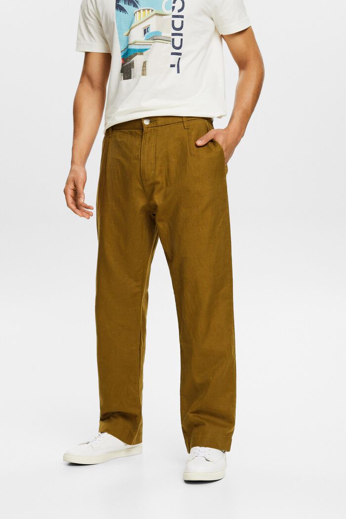 Pantalon de coupe droite en lin et coton, OLIVE, detail image number 0