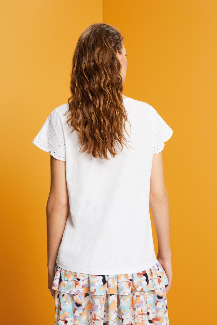 Katoenen T-shirt met mouwen met opengewerkt motief, WHITE, detail image number 3