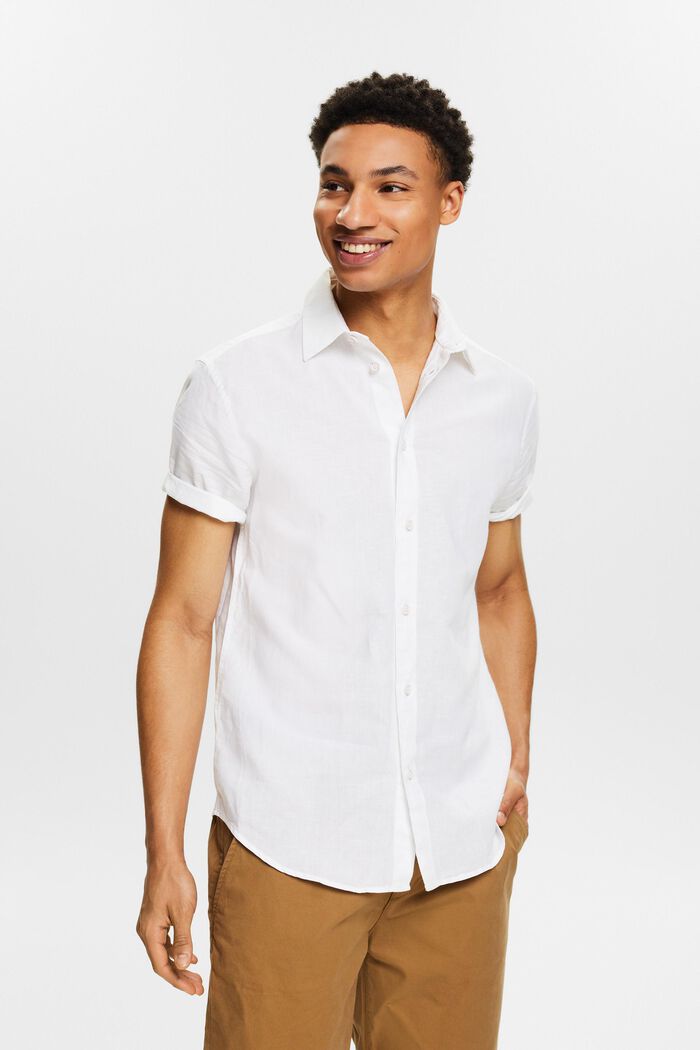Overhemd met korte mouwen van katoen en linnen, WHITE, detail image number 0