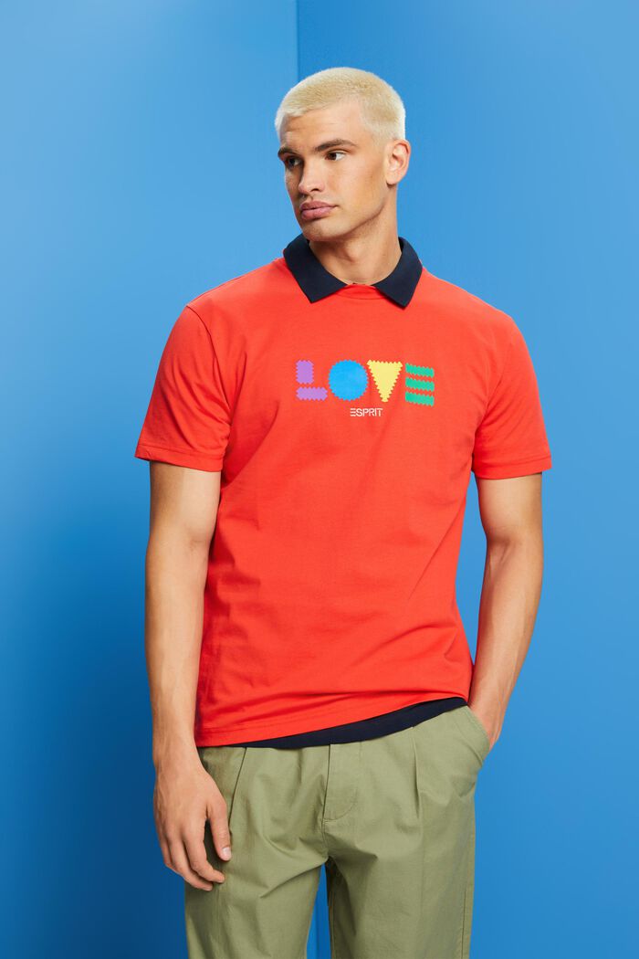 T-shirt van biokatoen met geometrische print, ORANGE RED, detail image number 0
