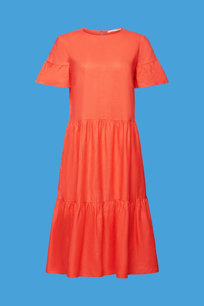 Midi-jurk, mix van katoen en linnen, CORAL ORANGE, detail image number 7