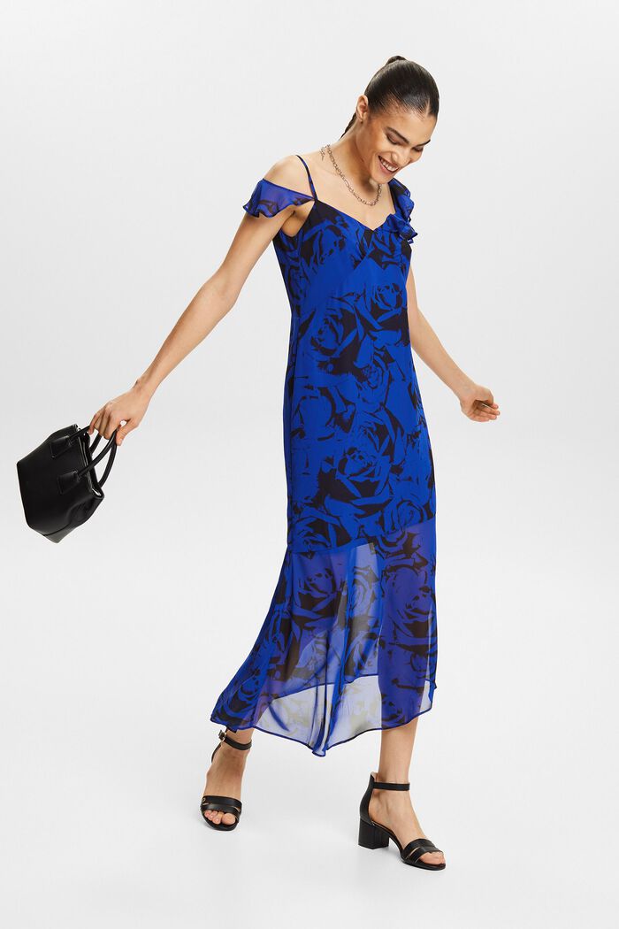 Off-the-shoulder chiffon midi-jurk met print, BRIGHT BLUE, detail image number 1