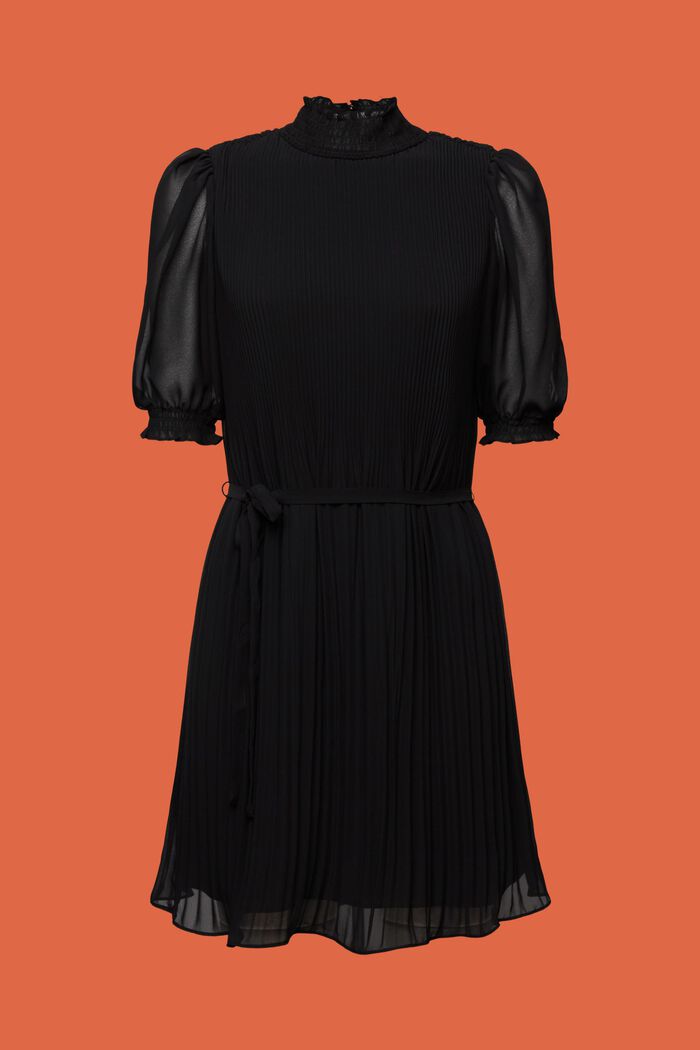 Mini-jurk met opstaande kraag van geplooid chiffon, BLACK, detail image number 6