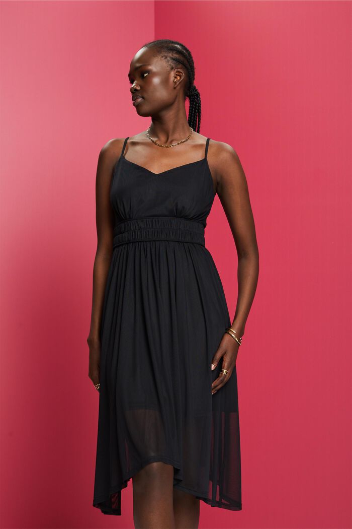 Mesh jurk met elastische taille, BLACK, detail image number 0