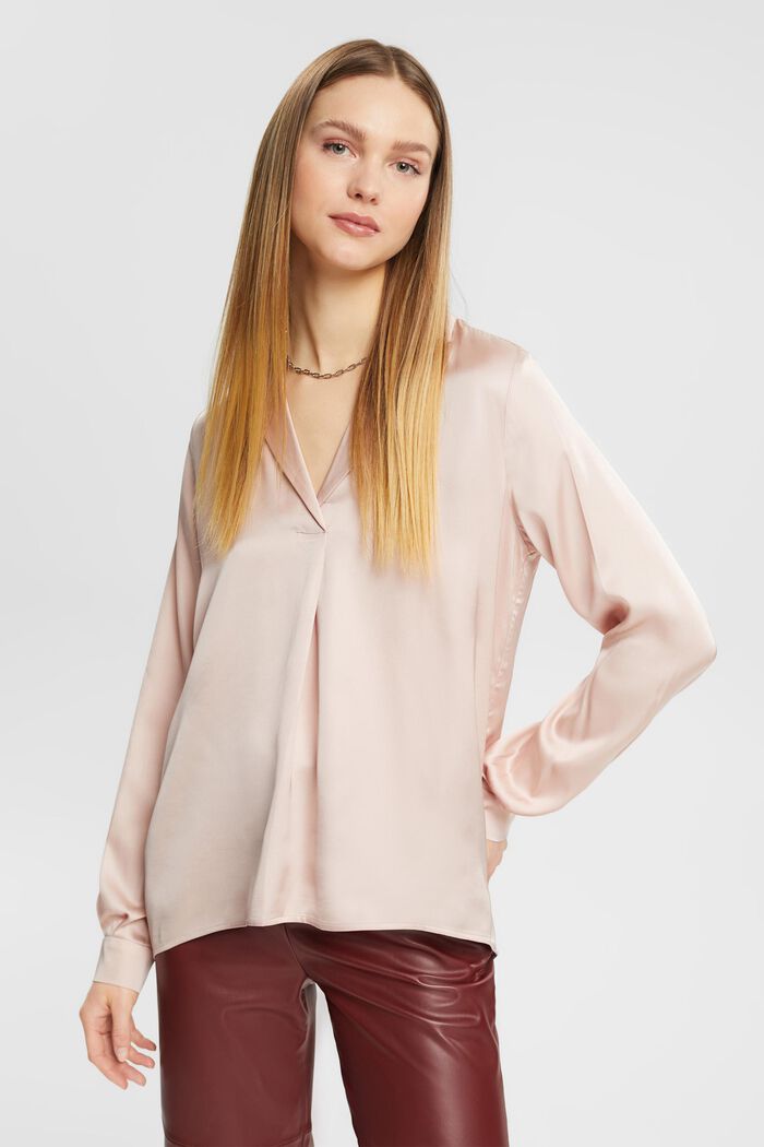 Satijnen blouse met reverskraag, LENZING™ ECOVERO™, NUDE, detail image number 0