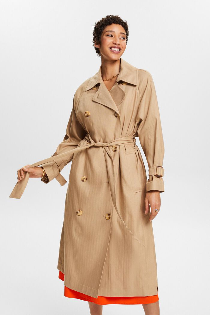 Trench-coat à boutonnage croisé en coton et lin, CREAM BEIGE, detail image number 0
