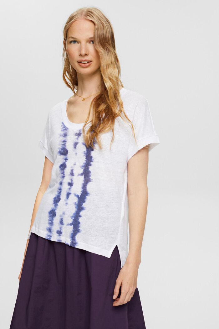 T-shirt met gebatikte strepen, 100% linnen, WHITE, detail image number 0