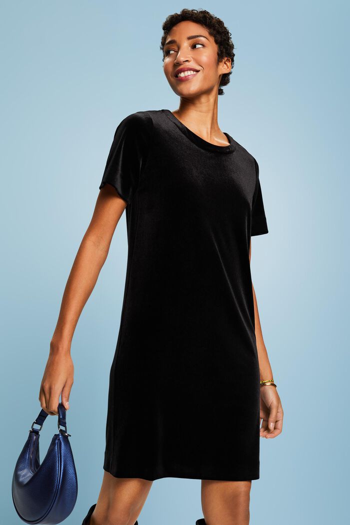 Fluwelen midi-jurk met korte mouwen, BLACK, detail image number 0