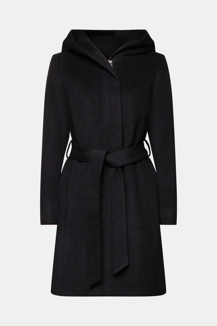 En matières recyclées : manteau à capuche en laine mélangée doté d’une ceinture, BLACK, detail image number 5