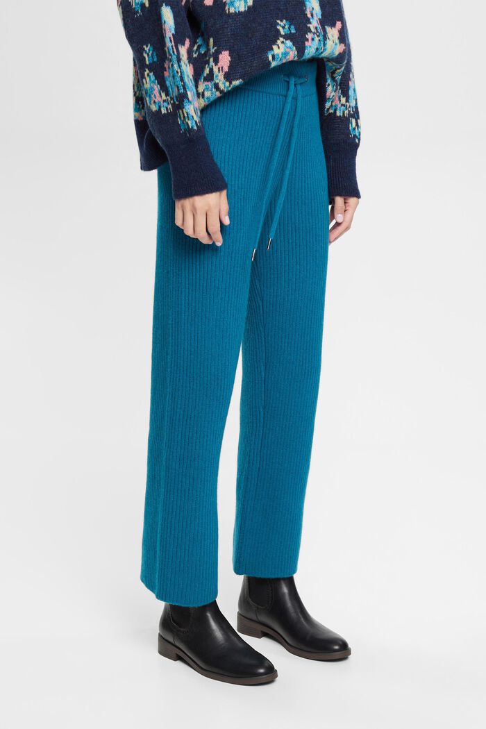 Pantalon en maille côtelée de laine mélangée, TEAL BLUE, detail image number 1
