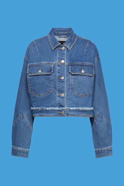 Veste en jean courte à galon effrangé, BLUE DARK WASHED, overview