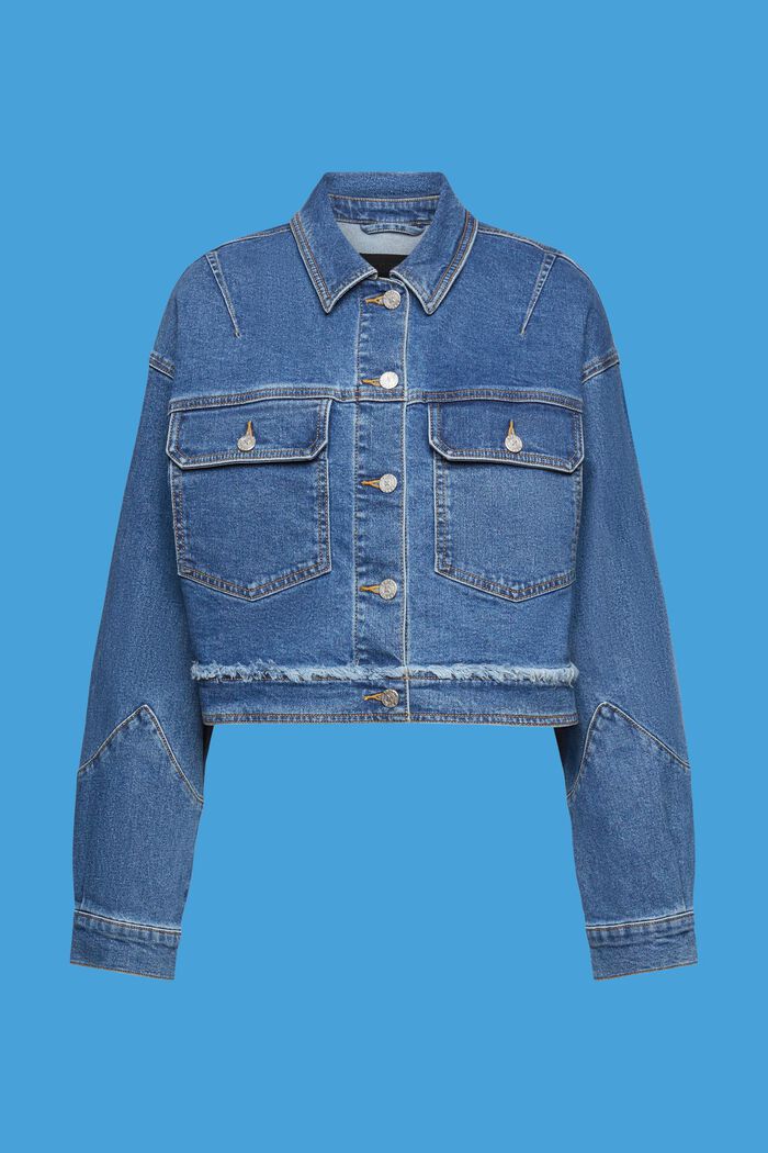 Veste en jean courte à galon effrangé, BLUE DARK WASHED, detail image number 6