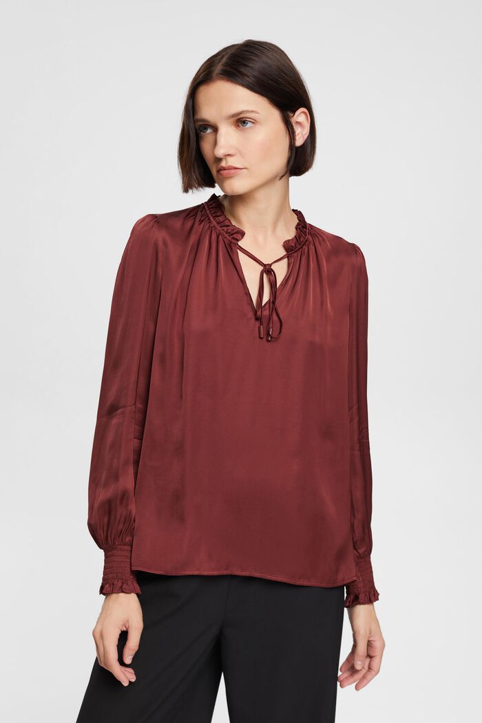 Satijnen blouse met gerimpelde kraag, LENZING™ ECOVERO™, BORDEAUX RED, detail image number 0